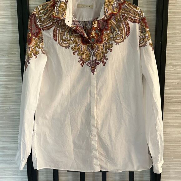 Etro white cotton blouse long sleeve button-down with printed detail size 44 Eur
